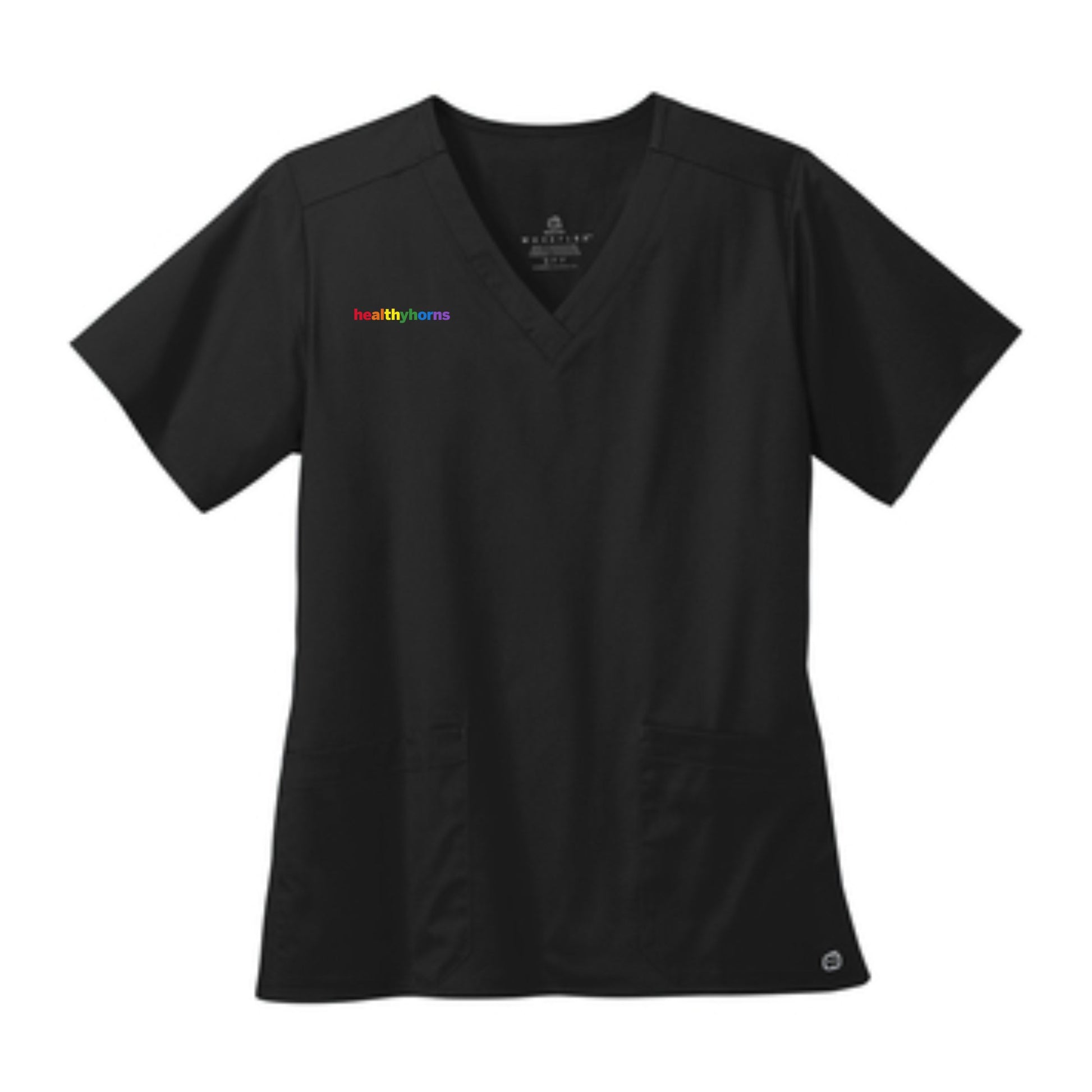 Healthy Horns Wink Ladies Black Scrub Top w/ Rainbow Embroidery