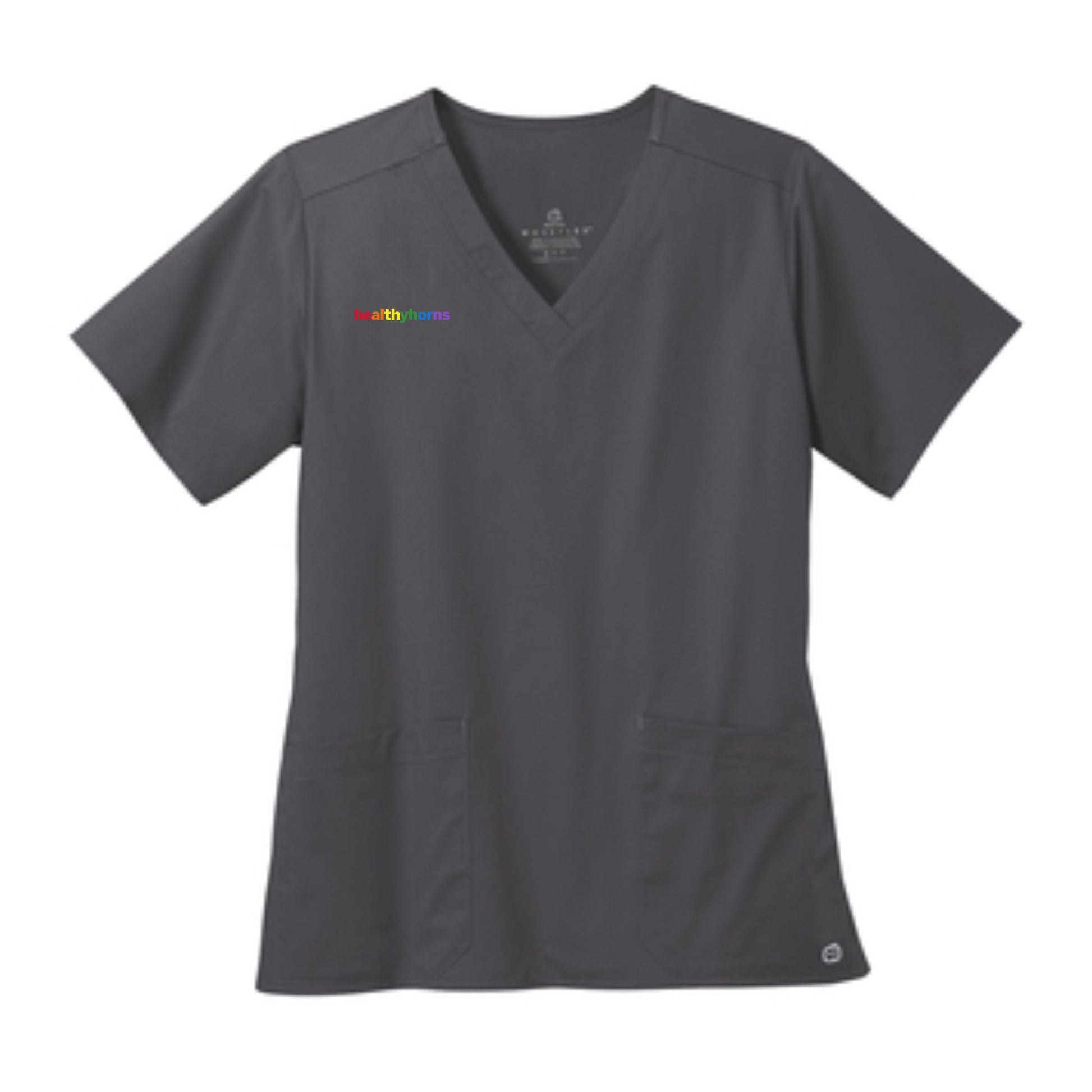 Healthy Horns Wink Ladies Pewter Scrub Top w/ Rainbow Embroidery