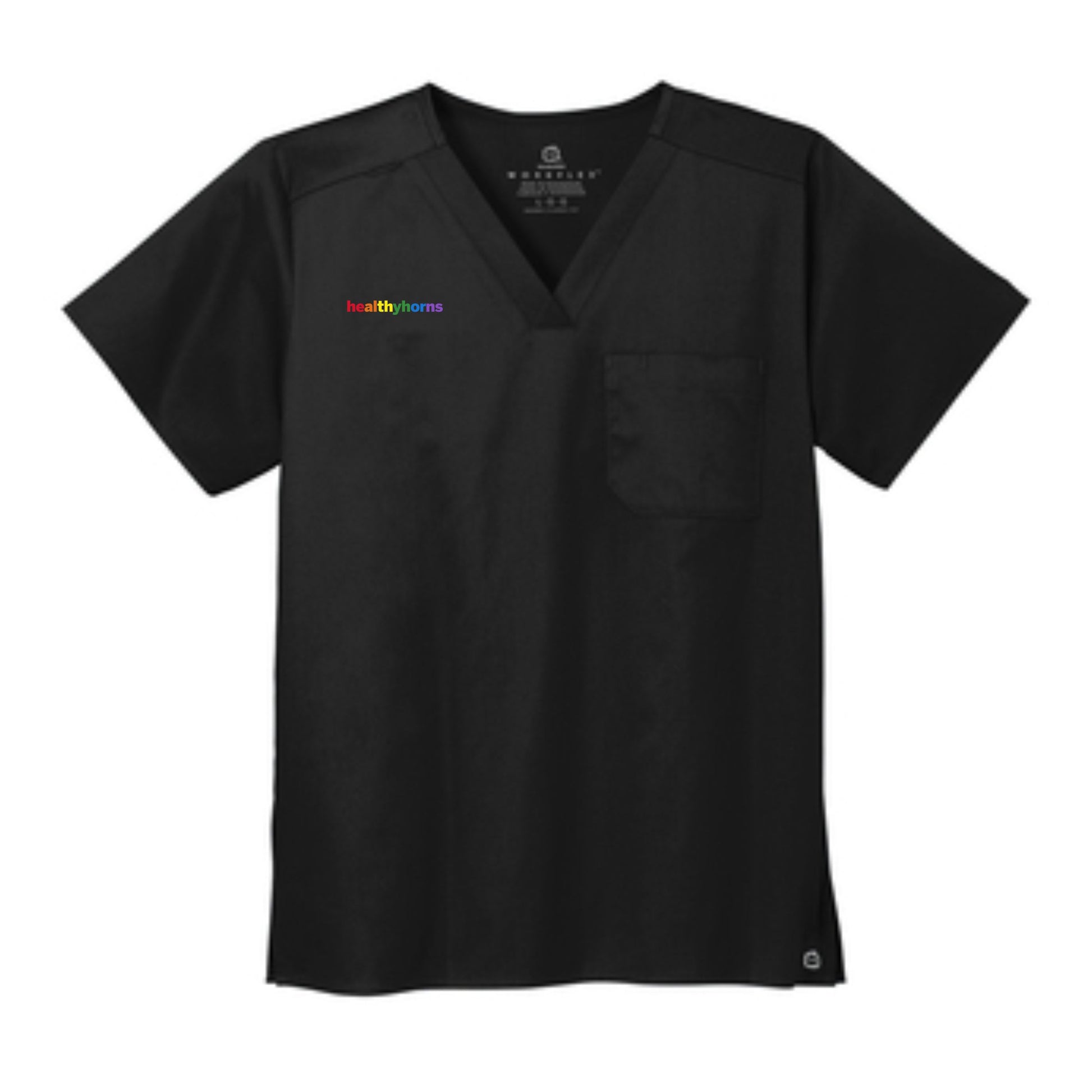 Healthy Horns Wink Unisex Black Scrub Top w/ Rainbow Embroidery