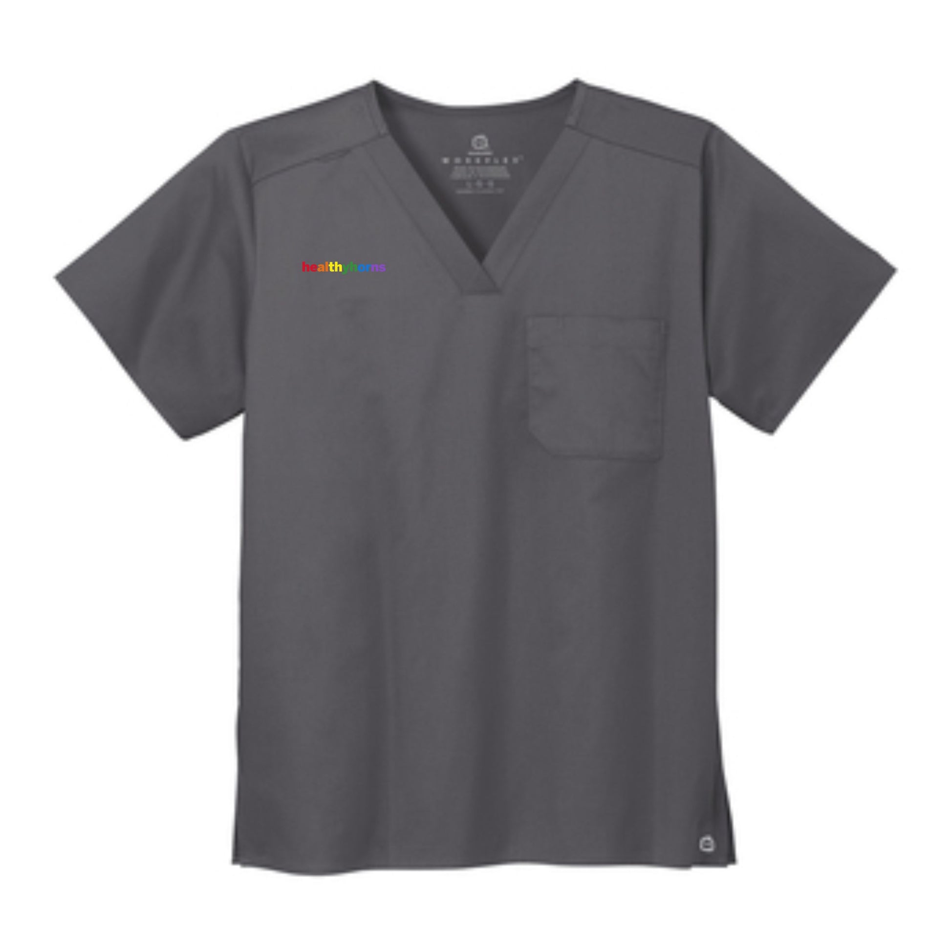 Healthy Horns Wink Unisex Pewter Scrub Top w/ Rainbow Embroidery
